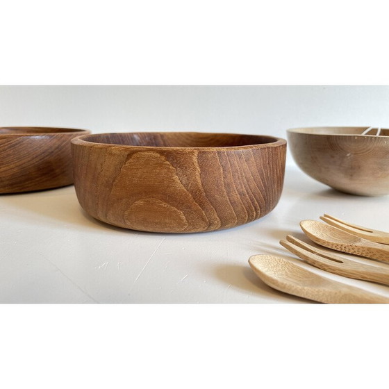 Image 1 of Set van 3 vintage kommen met 12 bestekken van hout en teakhout