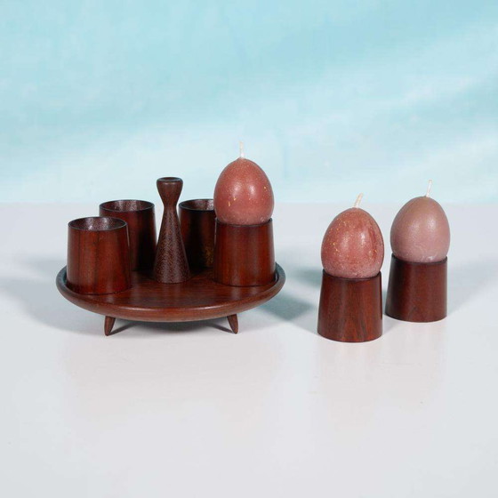 Image 1 of Vintage set teakhouten eierdophouders, midmod egg holders