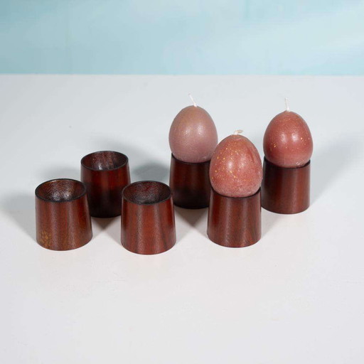 Vintage set teakhouten eierdophouders, midmod egg holders