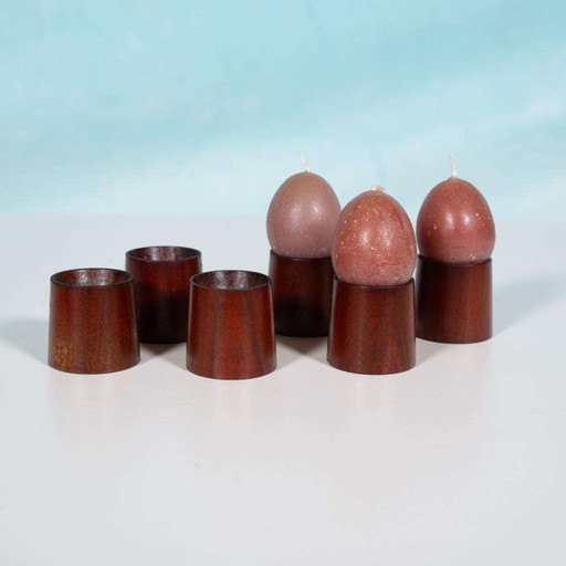 Vintage set teakhouten eierdophouders, midmod egg holders