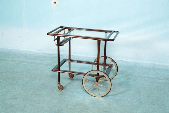 Image 1 of Vintage Italiaanse serveerwagen walnoot & glas, 50s Gio Ponti