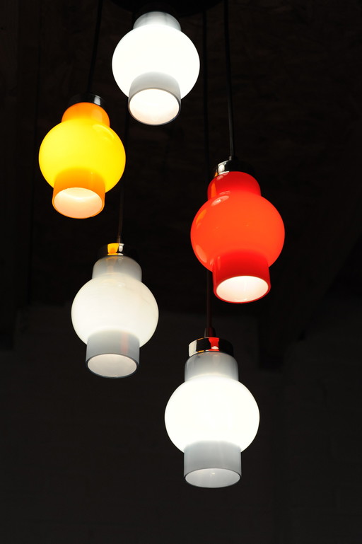 Kleurrijke vintage cascade hanglamp met 5 glazen kelken