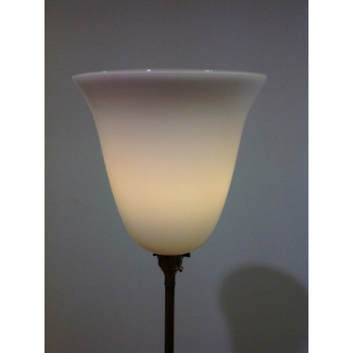 Driepoot vloerlamp van messing, mahonie en glas - jaren 1930