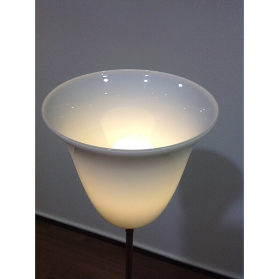 Image 1 of Driepoot vloerlamp van messing, mahonie en glas - jaren 1930