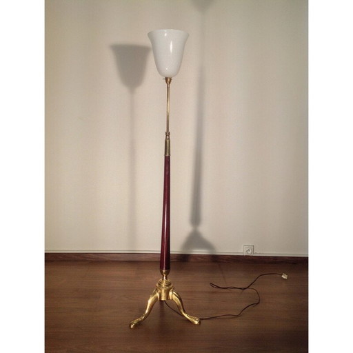 Driepoot vloerlamp van messing, mahonie en glas - jaren 1930
