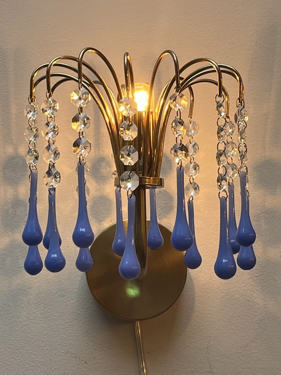 Image 1 of Set Van 2 Opaline Blauwe Vintage Wandlampen Goud Frame 