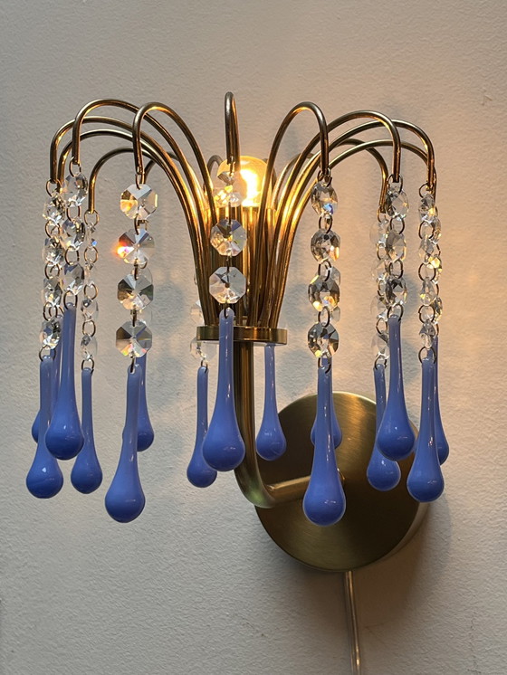 Image 1 of Set Van 2 Opaline Blauwe Vintage Wandlampen Goud Frame 