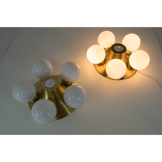 Image 1 of Paar vintage wandlampen van messing en opaalglas van Elektroinstala Decin, Tsjecho-Slowakije 1970