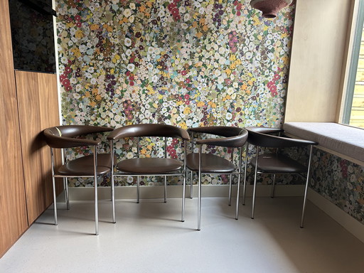 4x Vintage stoelen leer aluminum