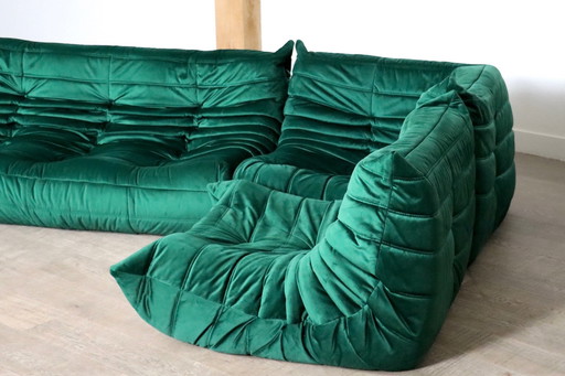 Originele Ligne Roset Togo Sofa Set In Smaragdgroen Fluweel Door Michel Ducaroy, 1970S