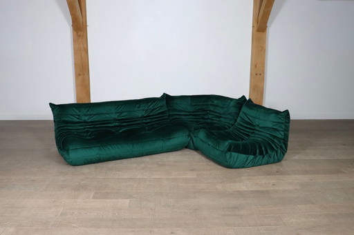 Originele Ligne Roset Togo Sofa Set In Smaragdgroen Fluweel Door Michel Ducaroy, 1970S