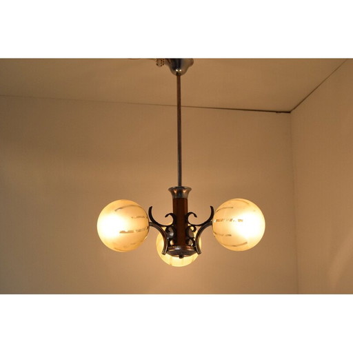 Vintage art deco kroonluchter van glas en hout, Tsjecho-Slowakije 1930