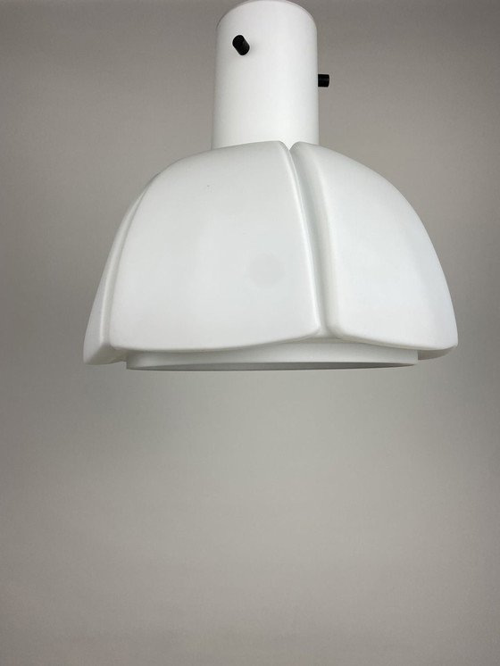 Image 1 of Witte bloemvormige matglazen hanglamp van Glashütte Limburg