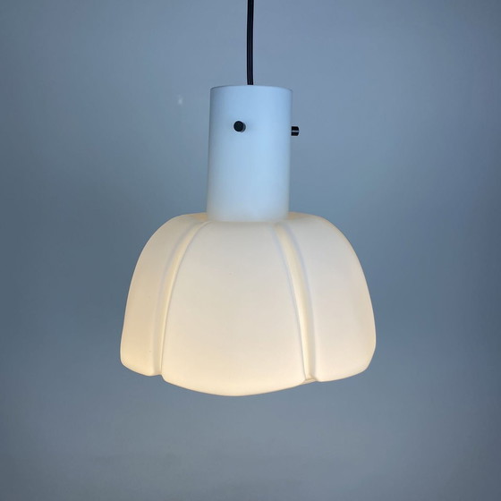 Image 1 of Witte bloemvormige matglazen hanglamp van Glashütte Limburg
