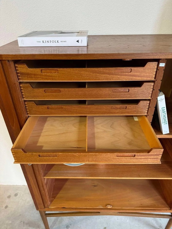 Image 1 of Vintage Deense Wandkast Tambour Deuren Teak