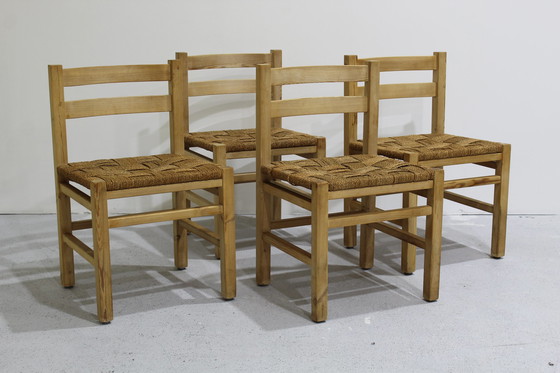 Image 1 of 4x Vintage houten, gevlochten eetkamerstoelen