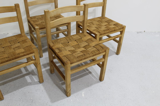 Image 1 of 4x Vintage houten, gevlochten eetkamerstoelen