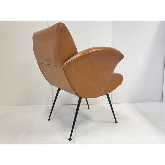 Image 1 of Vintage fauteuil in bruin skai en staal, jaren 1950