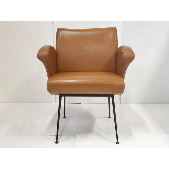 Image 1 of Vintage fauteuil in bruin skai en staal, jaren 1950