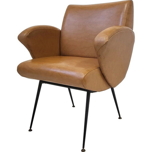Vintage fauteuil in bruin skai en staal, jaren 1950