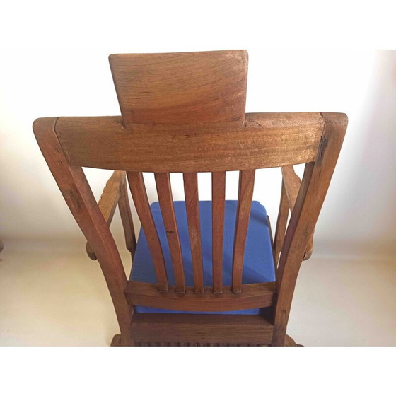 Image 1 of Vintage kappersstoel in massief teakhout en blauwe stof, 1930