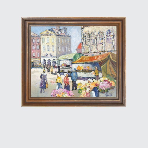 Vintage "Marktdag" olieverf op masoniet door Robert Sydney Rendle Wood