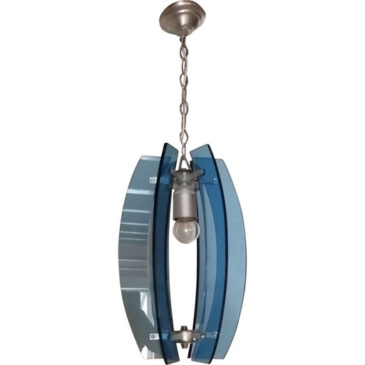 Blauw glas en verzilverd metalen hanglamp van Fontana Arte, Italië 1960