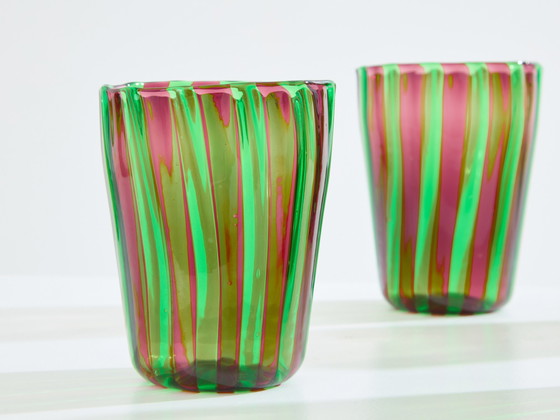 Image 1 of Set van 6 Italiaanse Murano groen en paars glazen bekers 1980S
