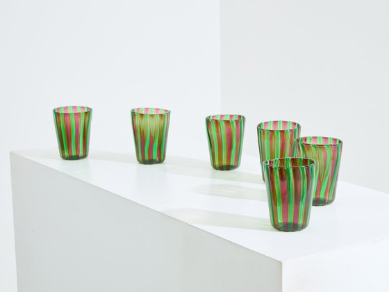 Image 1 of Set van 6 Italiaanse Murano groen en paars glazen bekers 1980S