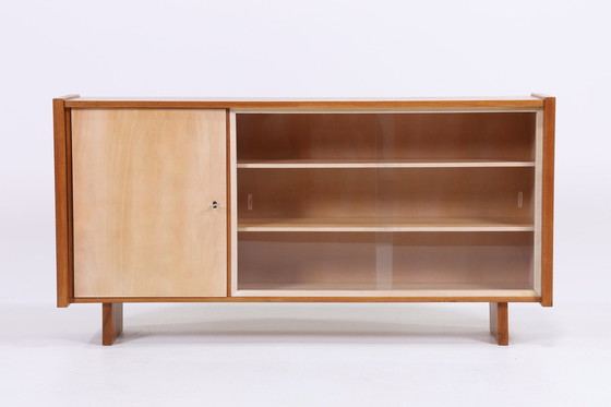 Image 1 of Vintage glazen dressoir 60s | Mid Century TV dressoirkast retro walnoothout ladekast uitbreiding enkel model