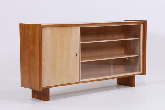 Image 1 of Vintage glazen dressoir 60s | Mid Century TV dressoirkast retro walnoothout ladekast uitbreiding enkel model