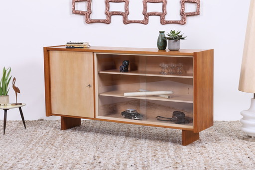 Vintage glazen dressoir 60s | Mid Century TV dressoirkast retro walnoothout ladekast uitbreiding enkel model