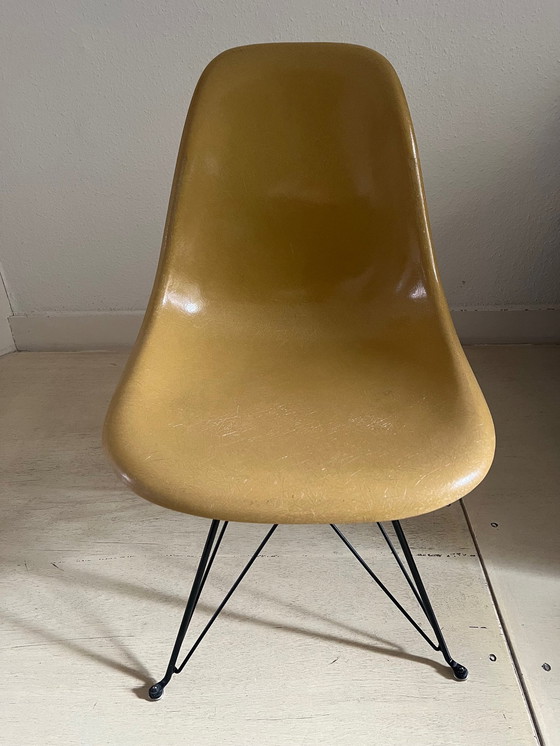 Image 1 of 4X Originele Eames Voor Herman Miller Fiberglass Dsr Bijzetstoel Oker Licht Met (Nieuw) Zwart Eiffeltoren Onderstel.