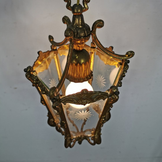 Image 1 of Vintage Franse Bronzen Lantaarnlamp, Hanglamp, Lamp