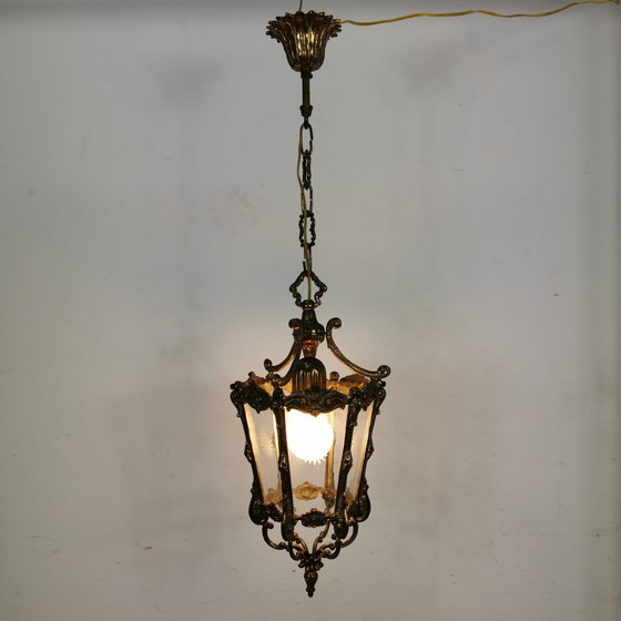 Image 1 of Vintage Franse Bronzen Lantaarnlamp, Hanglamp, Lamp