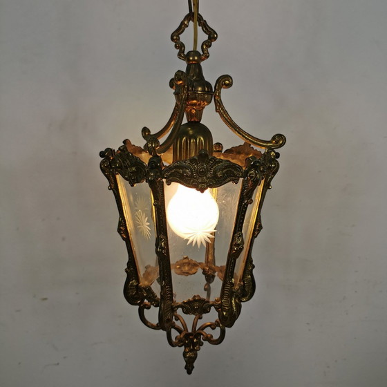 Image 1 of Vintage Franse Bronzen Lantaarnlamp, Hanglamp, Lamp