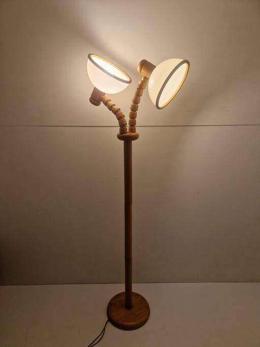 Vintage grenen houten paddestoel staande lamp