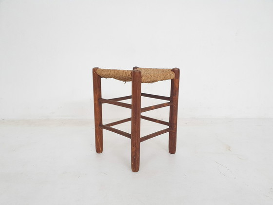 Image 1 of Houten krukje uit Mid Century met rotan zitting