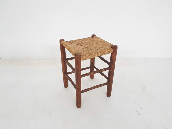 Image 1 of Houten krukje uit Mid Century met rotan zitting