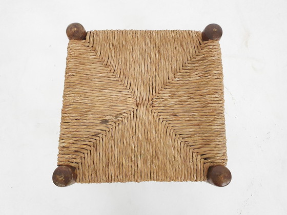Image 1 of Houten krukje uit Mid Century met rotan zitting