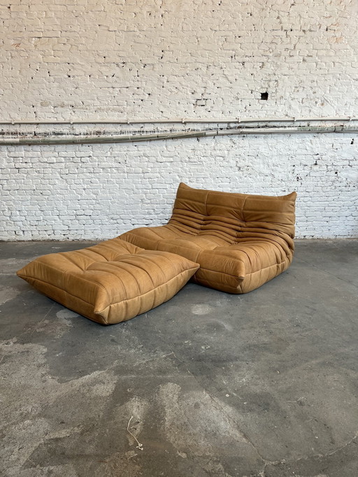 Togo Ligne Roset 2Zit Met Poef In Cognac Anilineleder