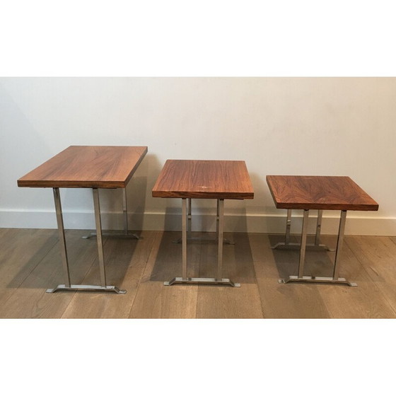Image 1 of Set van 3 vintage nesttafels in exotisch hout en chroom, Frankrijk 1970