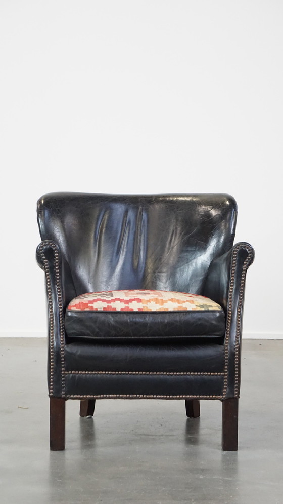 Image 1 of Zwarte Fauteuil Met Omkeerbaar Kelim Zitkussen