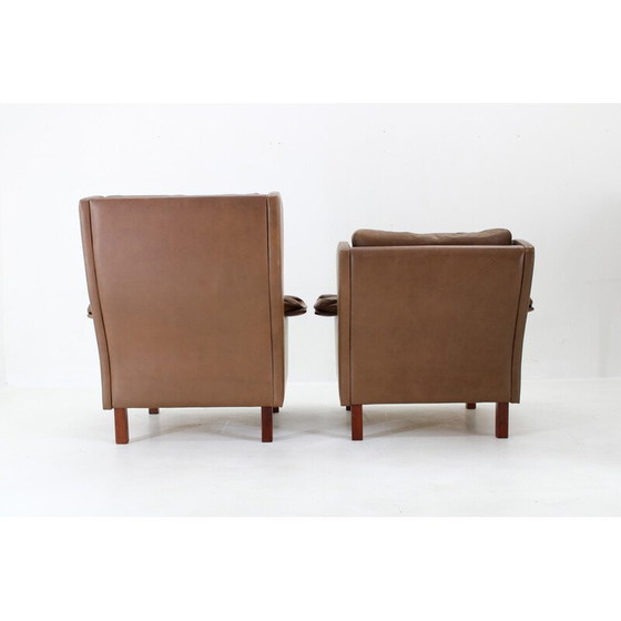 Image 1 of Paar vintage bruin leren fauteuils, Denemarken 1970