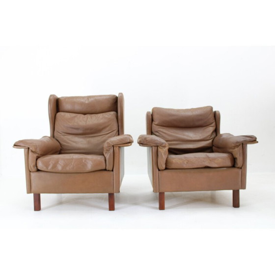 Image 1 of Paar vintage bruin leren fauteuils, Denemarken 1970