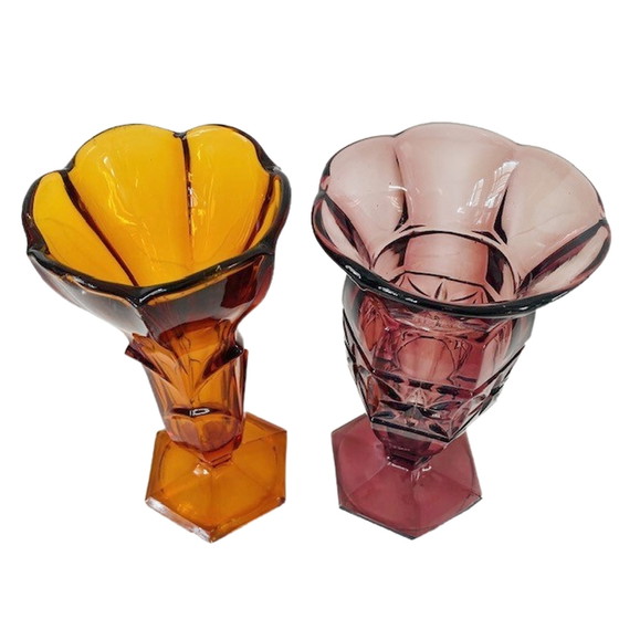 Image 1 of Set Artdeco vazen Boheems glas 1930's Stolzle paars amber