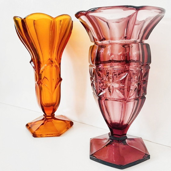 Image 1 of Set Artdeco vazen Boheems glas 1930's Stolzle paars amber