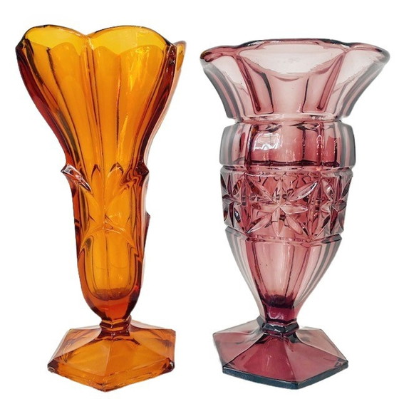 Image 1 of Set Artdeco vazen Boheems glas 1930's Stolzle paars amber