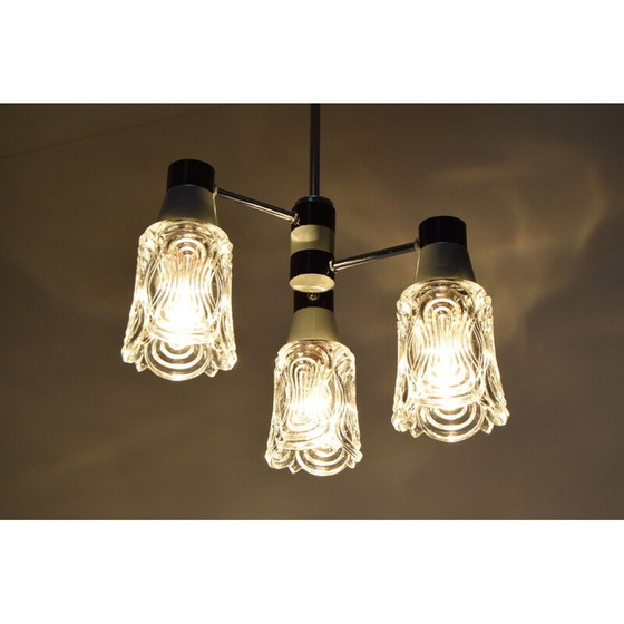 Image 1 of Vintage glas-chroom-metaal gelakte kroonluchter van Drukov, Tsjecho-Slowakije 1960