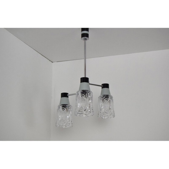 Image 1 of Vintage glas-chroom-metaal gelakte kroonluchter van Drukov, Tsjecho-Slowakije 1960